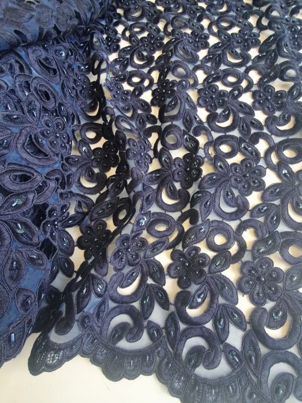 Embroidered and beaded Cut out Lace in Navy