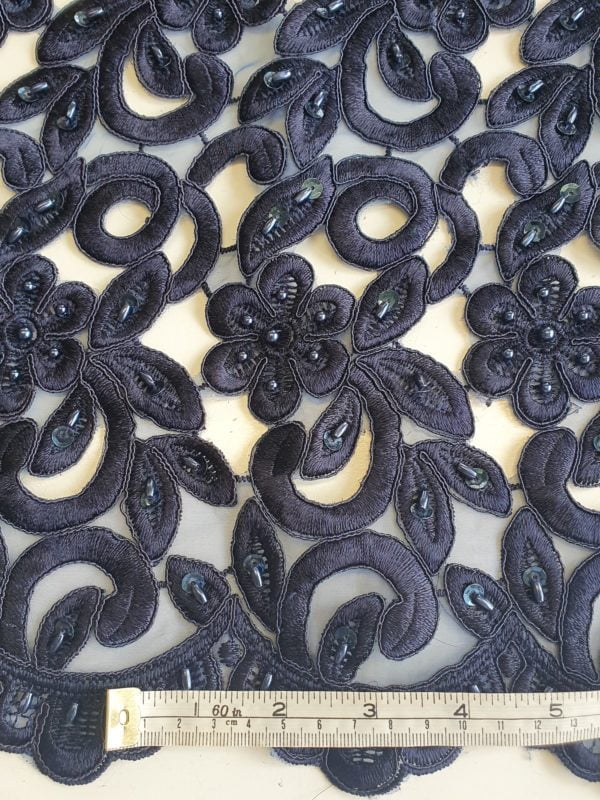 Embroidered and beaded Cut out Lace in Navy - Image 3