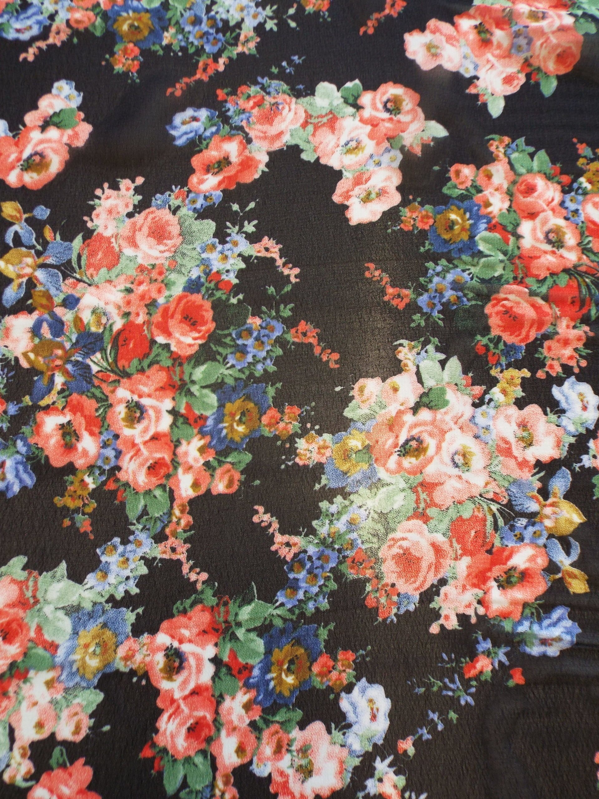 Printed Chiffon in colourful floral on Black - CW Fabrics