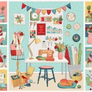 Crafty Cottons 'Sewing Room' by Makower Craft sold per 1/2 metre