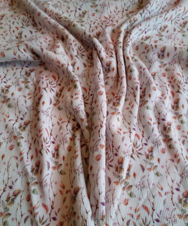 Climbing Floral 'White Leaves' Multi coloured stretch Ribbed Jersey
