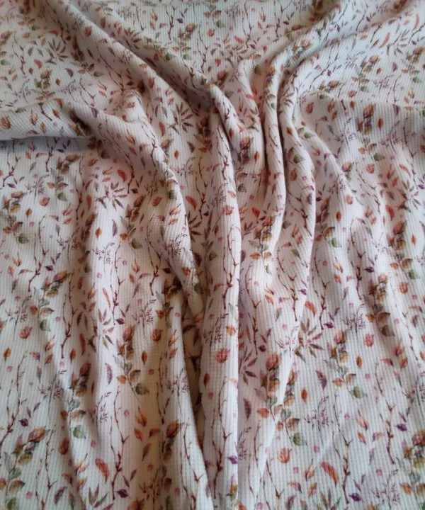 Climbing Floral 'White Leaves' Multi coloured stretch Ribbed Jersey