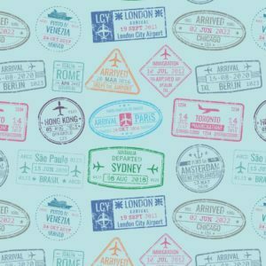 Cotton Stretch Jersey 'Passport Stamps' Sold per 1/2mt