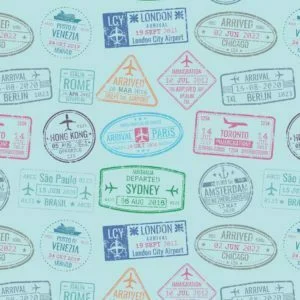 Cotton Stretch Jersey 'Passport Stamps' Sold per 1/2mt