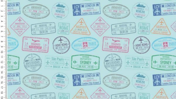 Cotton Stretch Jersey 'Passport Stamps' Sold per 1/2mt