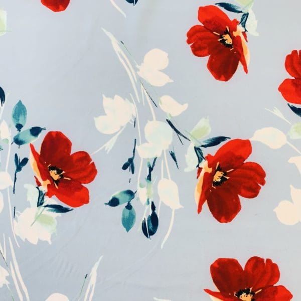 Red Poppy Floral on Sky Blue background Scuba Crepe - Image 3