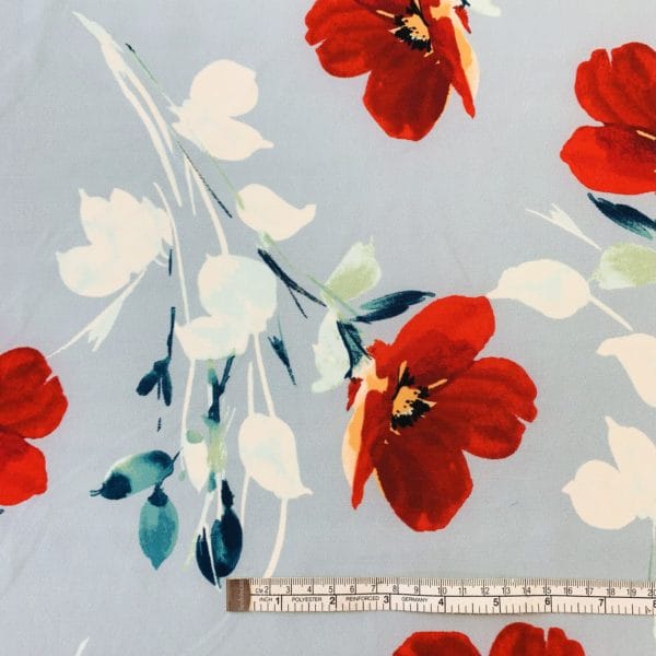 Red Poppy Floral on Sky Blue background Scuba Crepe - Image 2