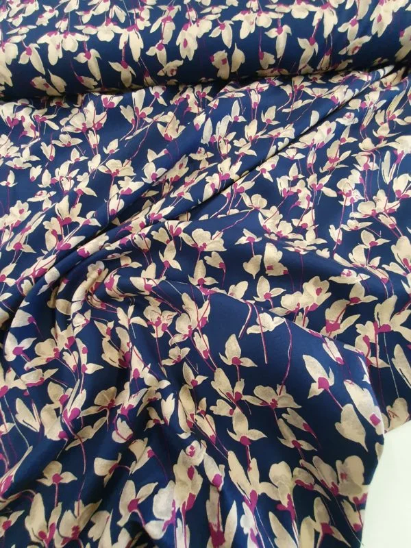 Navy and Cerise Viscose Tencel Silky Floral