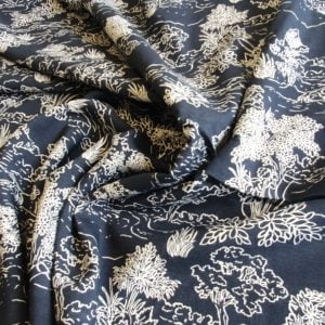 Off White imprinted Floral Shrubbery on an Indigo Viscose Challis