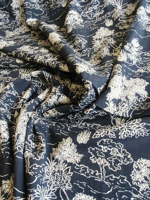 Off White imprinted Floral Shrubbery on an Indigo Viscose Challis