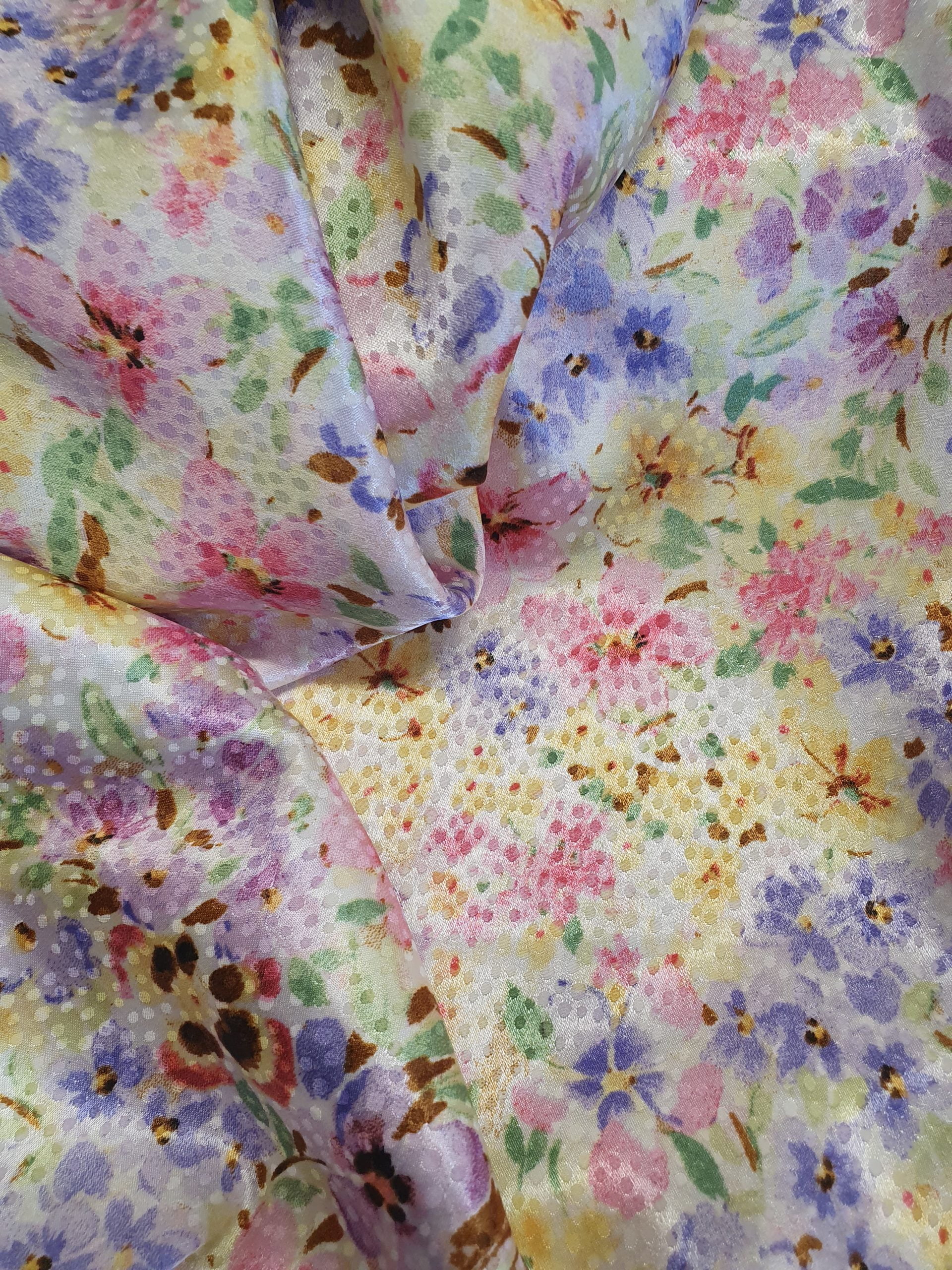 'Sweet Pea' infused floral Polyester Silky Jacquard Satin - CW Fabrics