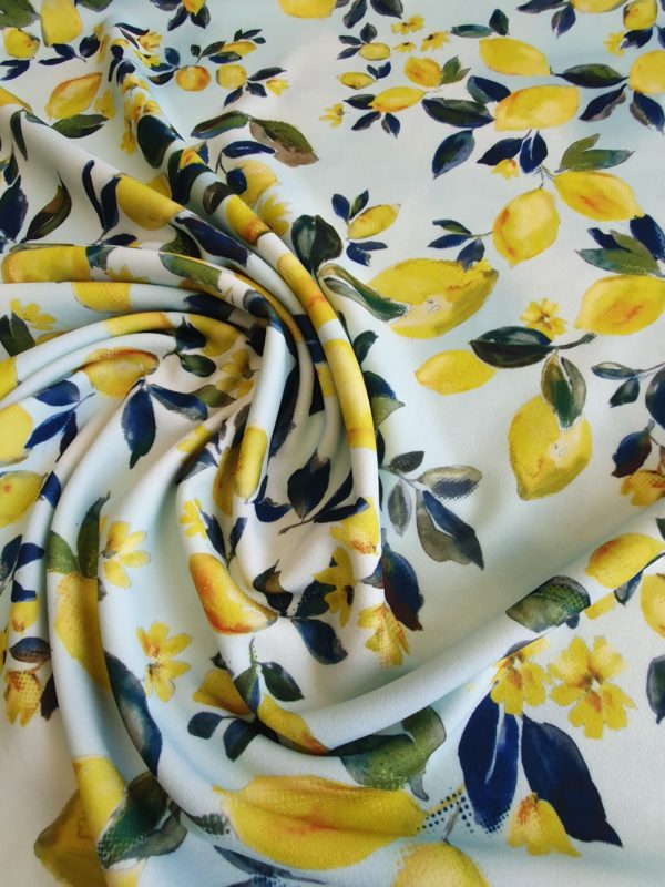 Citrus Lemons on Cloud Blue background Scuba Crepe