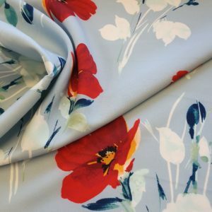 Red Poppy Floral on Sky Blue background Scuba Crepe