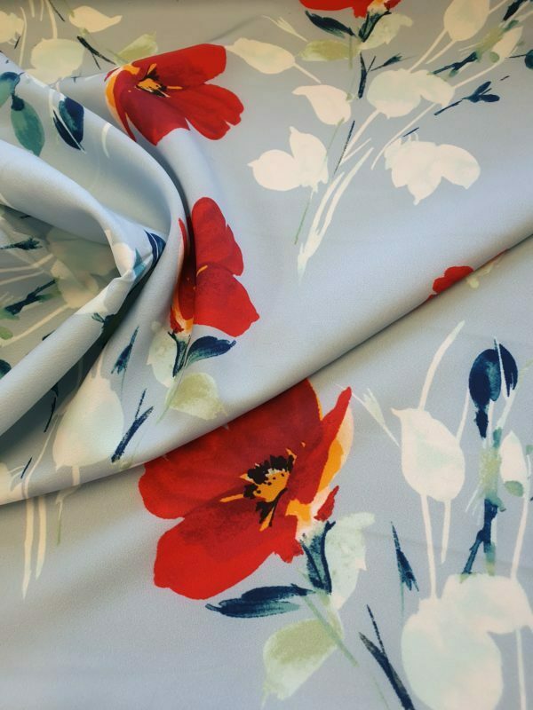 Red Poppy Floral on Sky Blue background Scuba Crepe