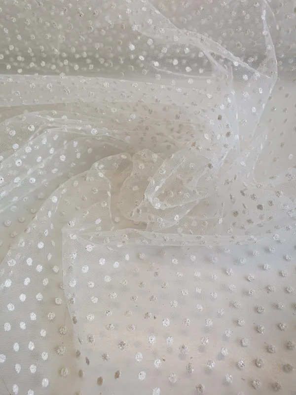 'India' Irredescent Sparkle Flocked Organza Tulle in Parchment