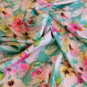 Silky Satin Charmeuse in Multi-coloured Floral Rose