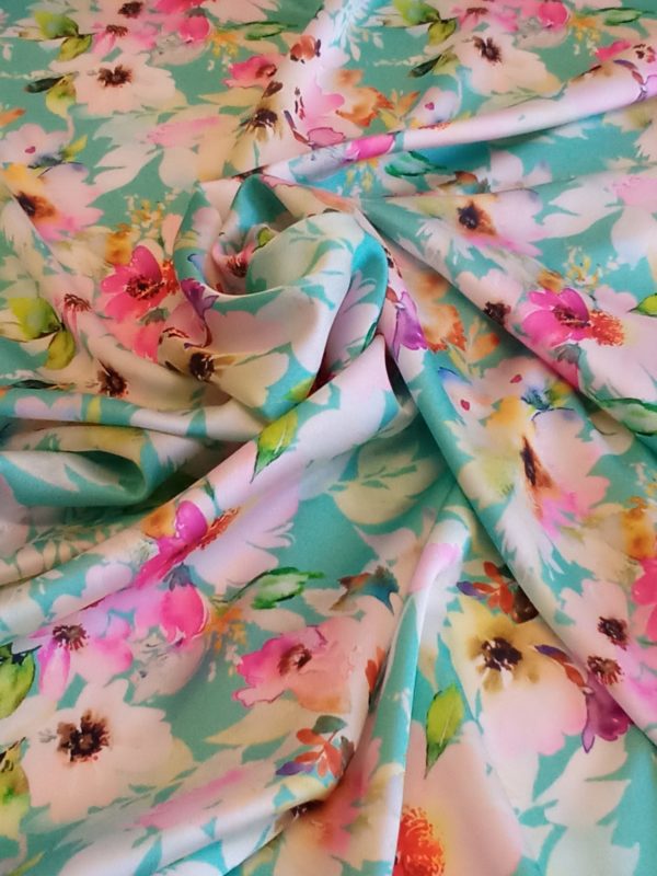 Silky Satin Charmeuse in Multi-coloured Floral Rose