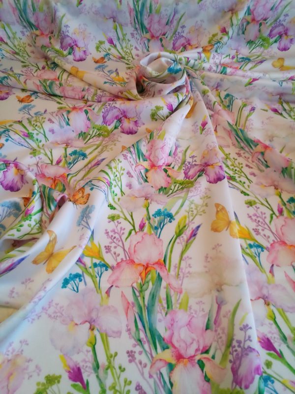 Silky Satin Charmeuse in Floral Butterfly Garden
