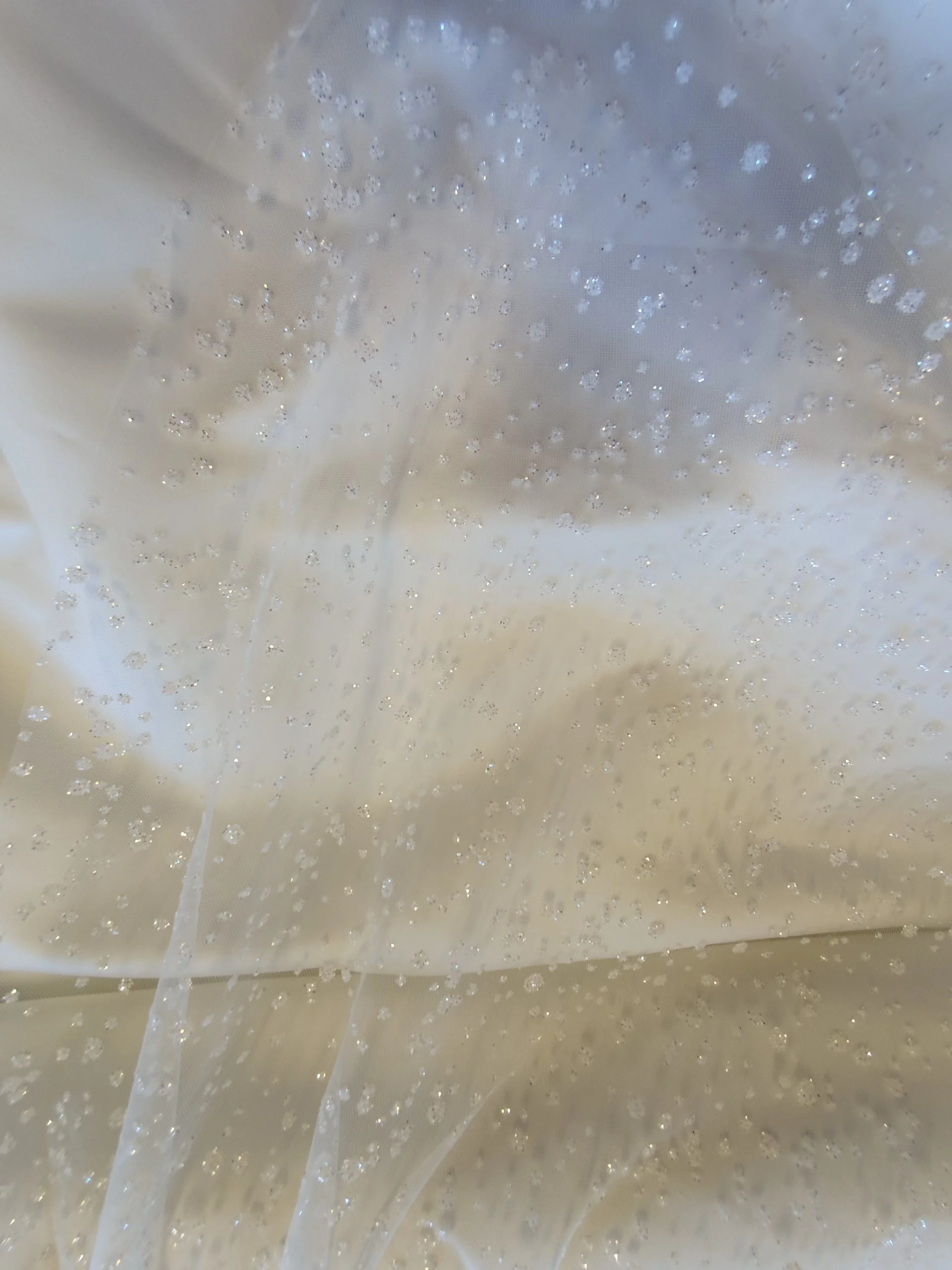 Irredescent Sparkle Flocked Organza Spotted Tulle in Parchment - Image 3