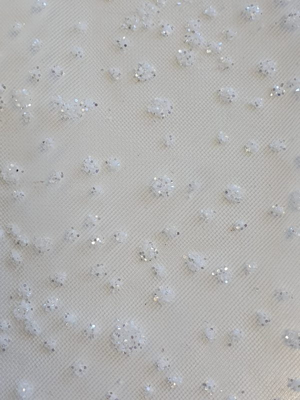 Irredescent Sparkle Flocked Organza Spotted Tulle in Parchment - Image 2