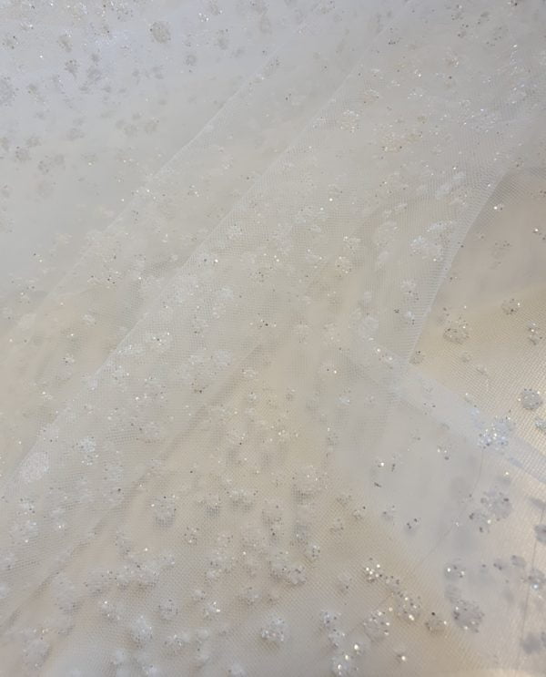 Irredescent Sparkle Flocked Organza Spotted Tulle in Parchment - Image 4