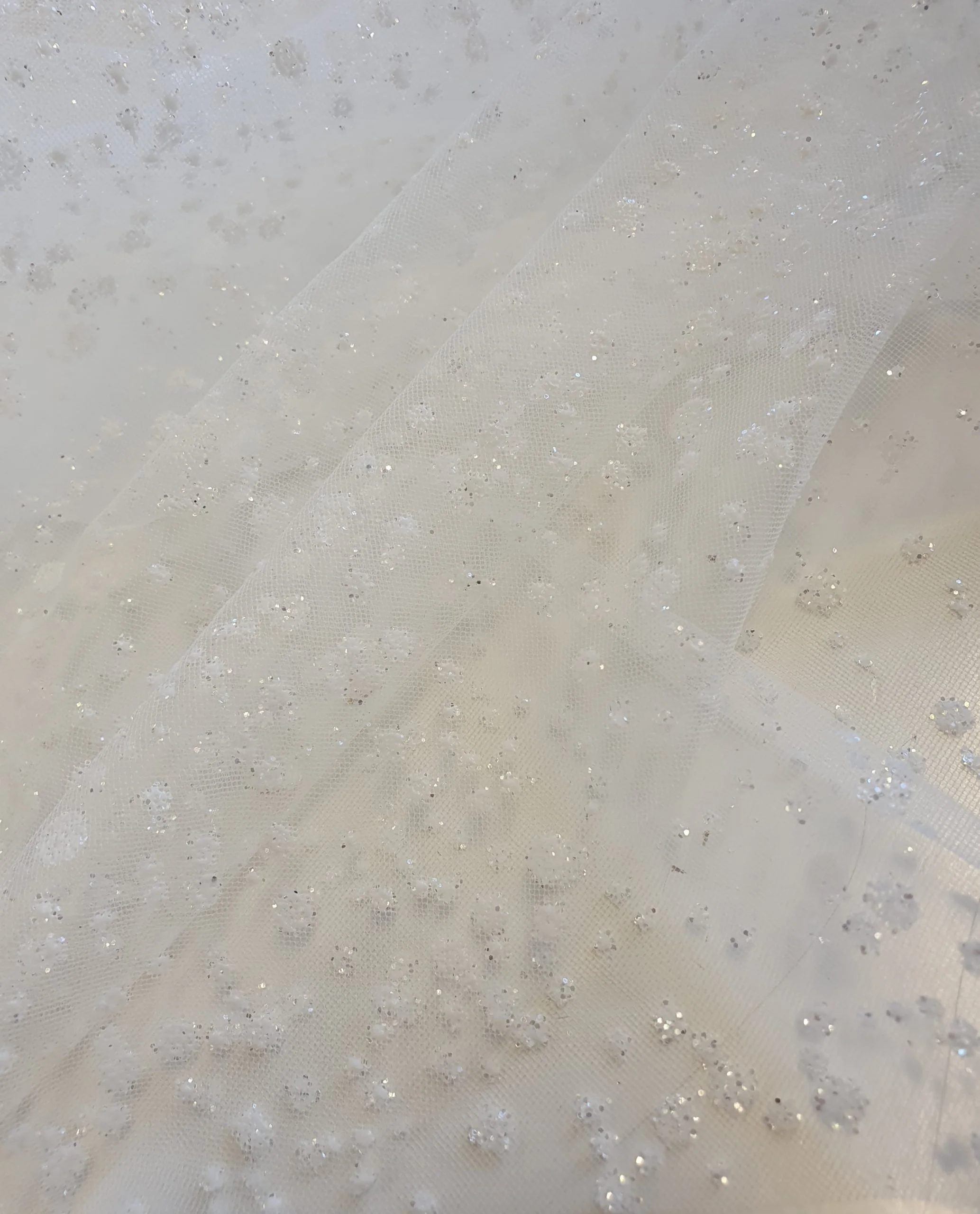 Irredescent Sparkle Flocked Organza Spotted Tulle in Parchment - Image 4