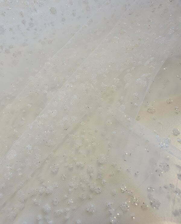 Irredescent Sparkle Flocked Organza Spotted Tulle in Parchment