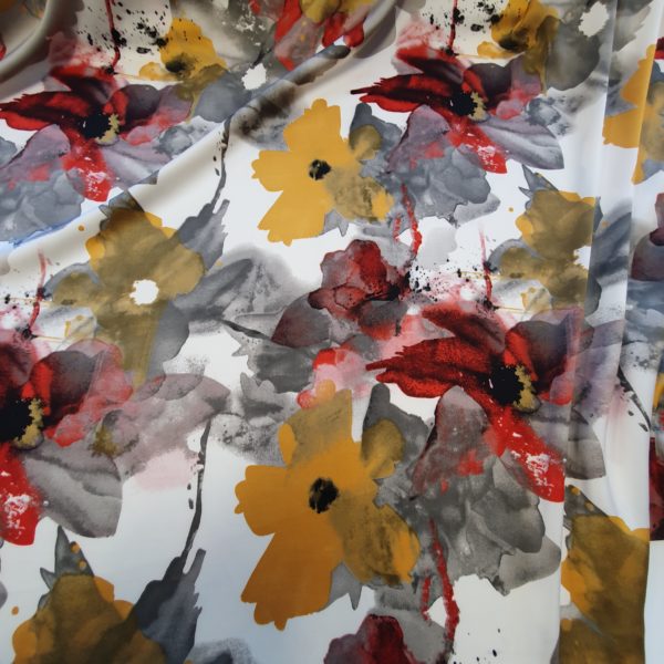 Polyester Silky Satin Abstract Floral in Autumn Red