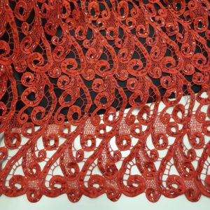 Embroidered Polyester Beaded Guipure Lace Fabric in Emperor Red
