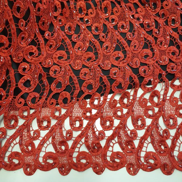 Embroidered Polyester Beaded Guipure Lace Fabric in Emperor Red