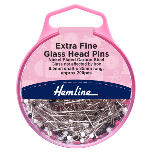 Dressmaking Pins - Glass Coloured Head Extra Fine Straight Pins: Nickel: 35mm x 0.50mm: 200 Pieces