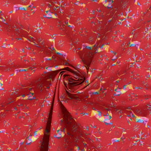 100% Cotton Fabric 'Rainbow Reindeer' Red
