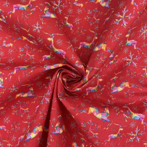 100% Cotton Fabric 'Rainbow Reindeer' Red