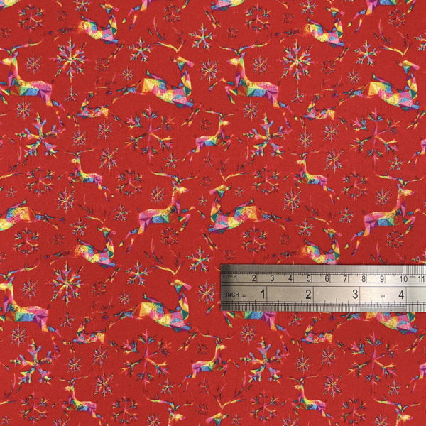 100% Cotton Fabric 'Rainbow Reindeer' Red - Image 2