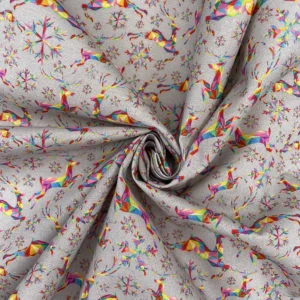 100% Cotton Fabric 'Rainbow Reindeer' Silver