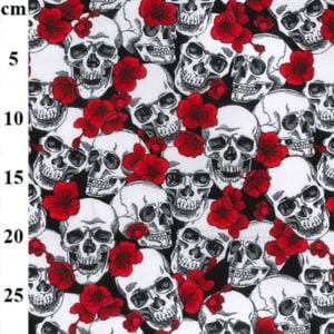 Cotton Poplin Skulls and Red Flowers for Halloween