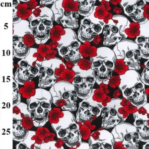 Cotton Poplin Skulls and Red Flowers for Halloween