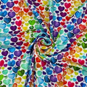 Rainbow coloured Hearts on stretch cotton jersey