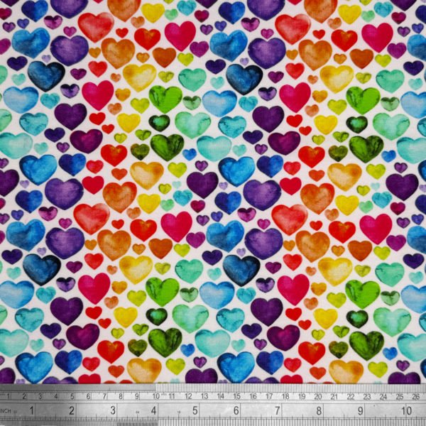 Rainbow coloured Hearts on stretch cotton jersey - Image 3