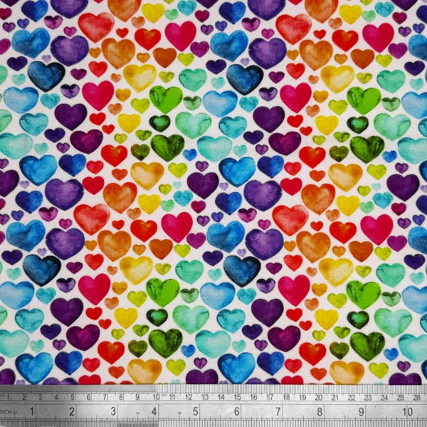 Rainbow coloured Hearts on stretch cotton jersey - Image 3