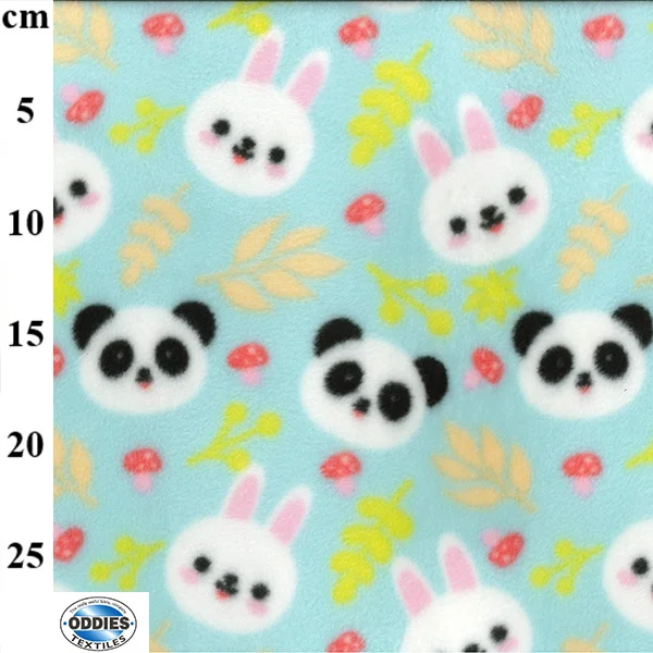 Polyester Polar Fleece Panda and Bunnies in Mint