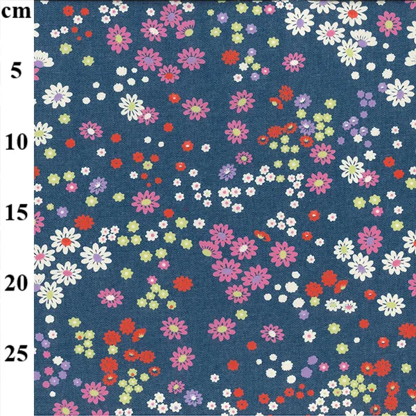 2 Tone Multi-coloured Bright Flowers Chambray Denim