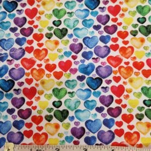 Valentines 100% Cotton- 'Rainbow Hearts' sold per 1/2 mt