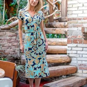 Stretch Viscose Jersey in Aqua Abstract Floral