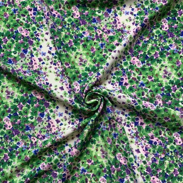 Crepe De Chine Floral Emeralds and Mauve Striped Print Fabric - Image 2