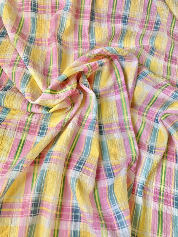 Summer Pastel Check Seersucker Stretch Cotton Fabric - Image 4