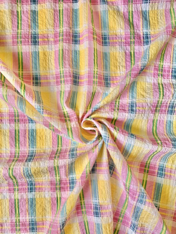 Summer Pastel Check Seersucker Stretch Cotton Fabric - Image 2
