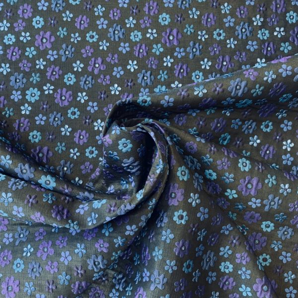 Brocade - Jacquard in Black, Cobalt Daisy Design - Image 2
