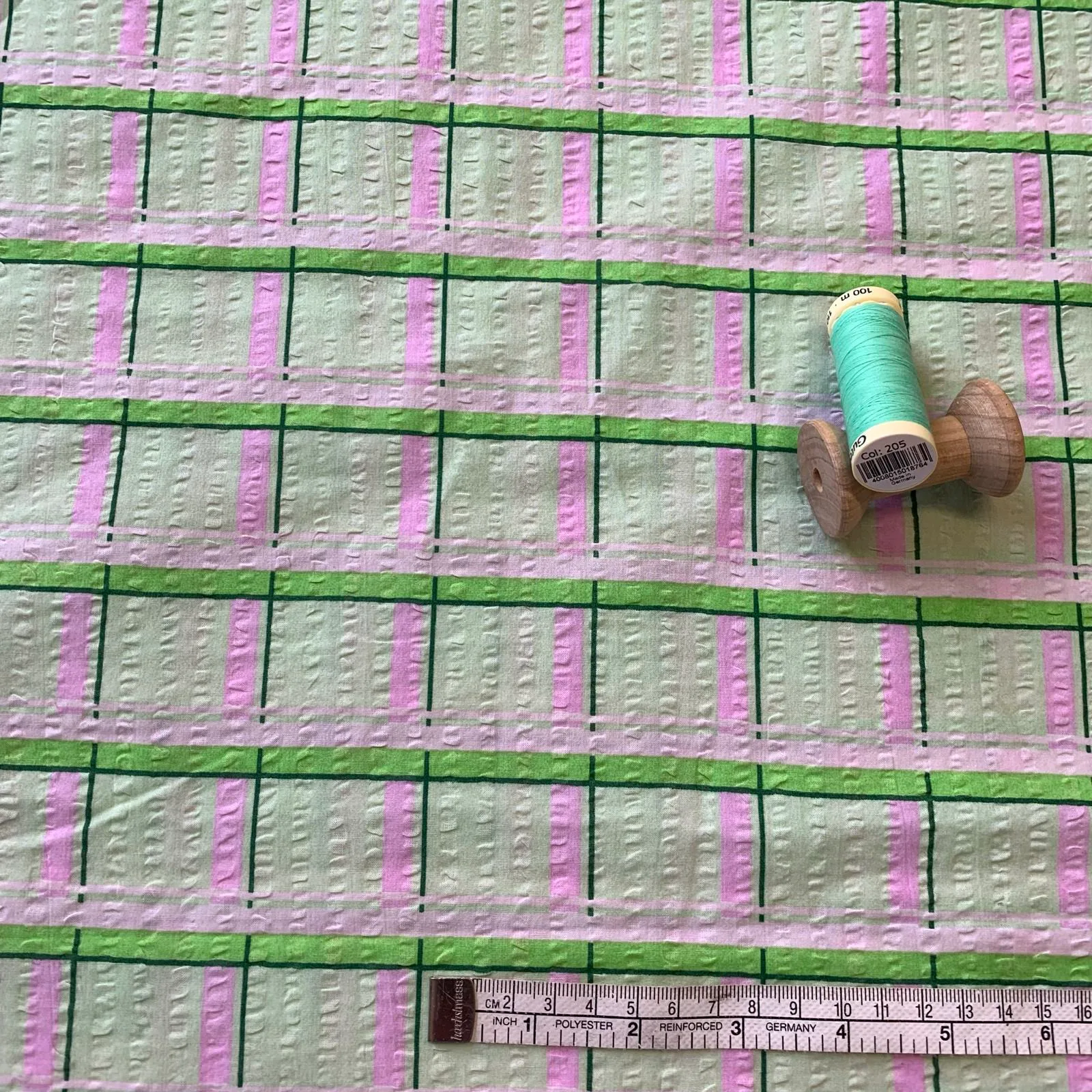 Cotton Seersucker Check | Greens | Pinks - Image 3