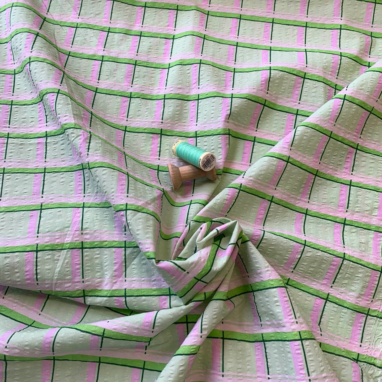 Cotton Seersucker Check | Greens | Pinks - Image 2